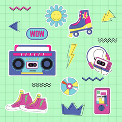Stickers in retro 90s style. Set with elements for planners, diaries, diaries. Tape recorder and roller skates. Player with cassette and headphones. Vector on a colored background with Memphis element
