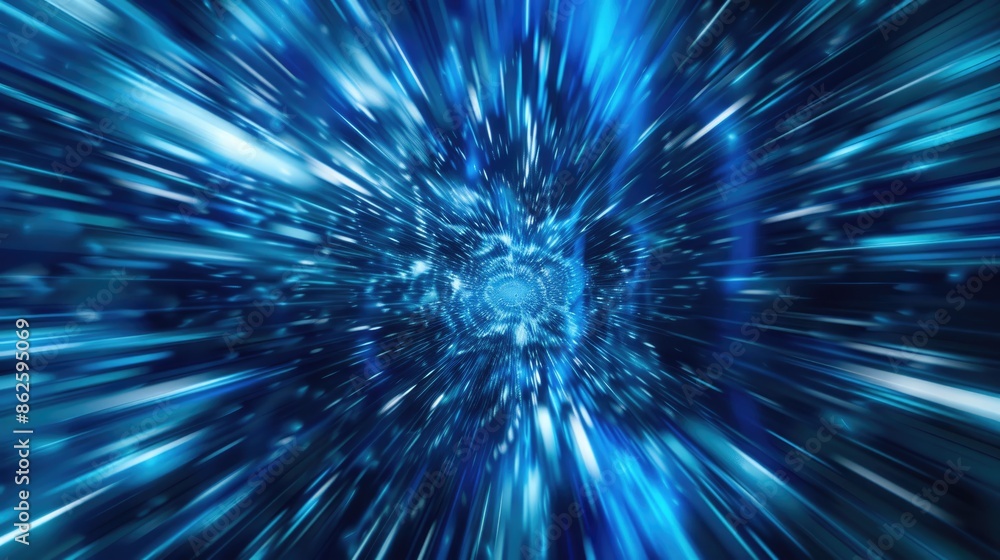 Poster zoom abstract. blue radiant lines geometric background with data flow tunnel