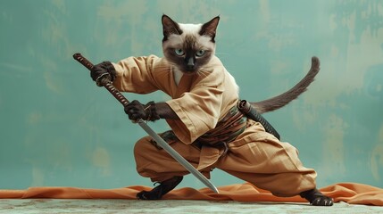 A Surreal of a Siamese Cat Samurai Warrior in Action on a Plain Background