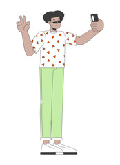 Hispanic young man posing for selfie 2D linear cartoon character. Gen z latin american guy taking selfie on phone isolated line vector person white background. Lifestyle color flat spot illustration
