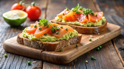 Smoked salmon toast topped with creamy guacamole on a rustic wooden board, smoked salmon, toast, guacamole, avocado, appetizer