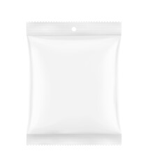 Blank realistic pillow bag with hang slot mockup. Front view. Vector illustration isolated on white background. Perfect to create your final pack shot. EPS10