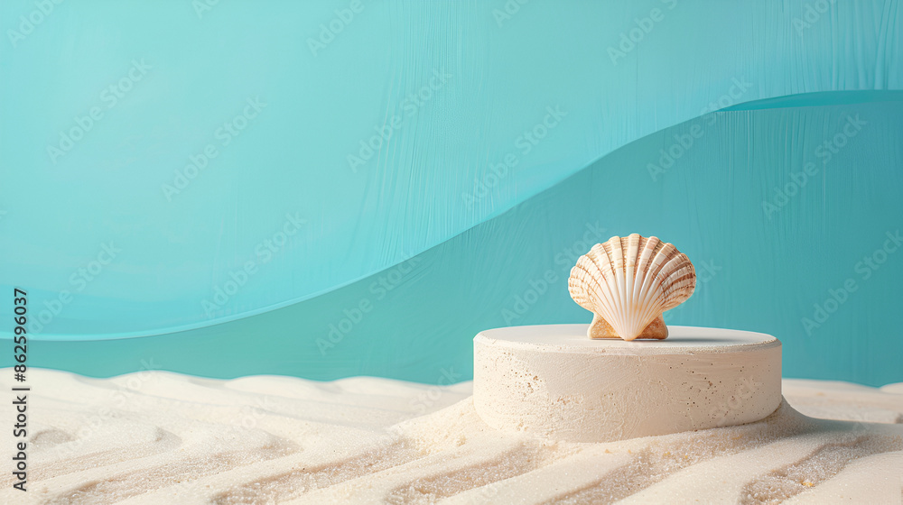 Poster showcase your products on this empty round beige platform podium with sea shells and starfish on a w