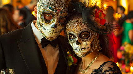 Couple wearing sophisticated evening attire and elaborate Day of the Dead masks at an upscale gala event.