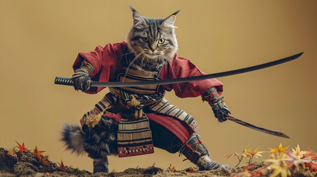 Fearless Feline Samurai:A Surreal Digital of a Manx Cat Warrior in Action
