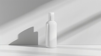A minimalist composition of a white bottle against a clean background, highlighting its sleek design and shadows