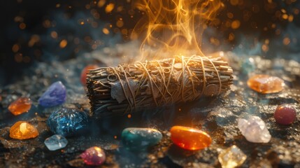 Flames are rising from a smudge of incense and stones, divination concept