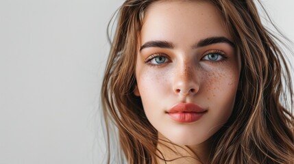 Fototapeta premium A close-up portrait of a young woman with a captivating gaze, showcasing her natural beauty and expressive eyes