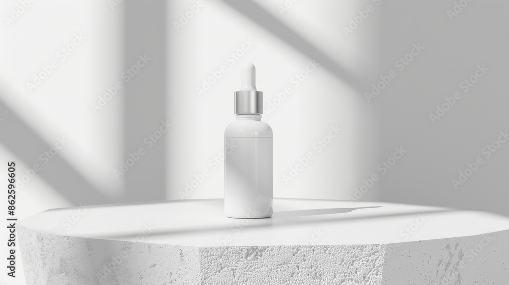 Poster white dropper bottle on textured surface..