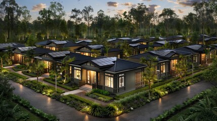 A serene, gated community of modern, single-story homes nestled amidst lush greenery at dusk.
