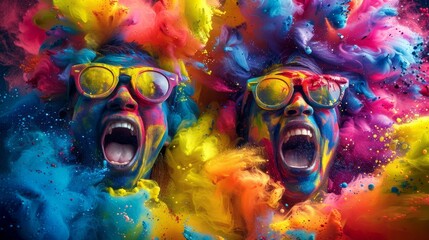 Obraz premium Two people covered in colorful powder scream with their mouths wide open and sunglasses on.