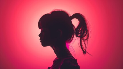 The background shows a pink neon-lighted silhouette of a little girl