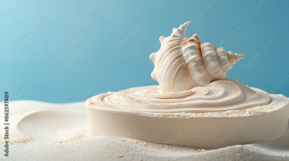 Poster showcase your products on this empty round beige platform podium with sea shells and starfish on a w
