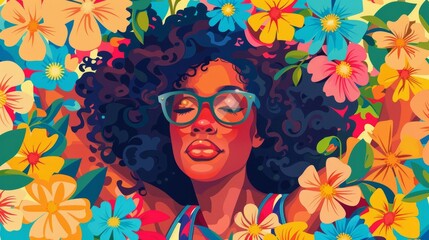 An African American cartoon girl lies on colorful flowers, wore bright clothes and eyeglasses, and smiled while closing her eyes.