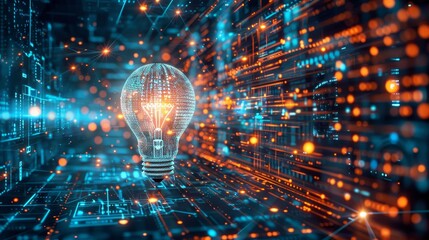 A glowing light bulb inside a digital network of lines and data, representing innovation and technology.