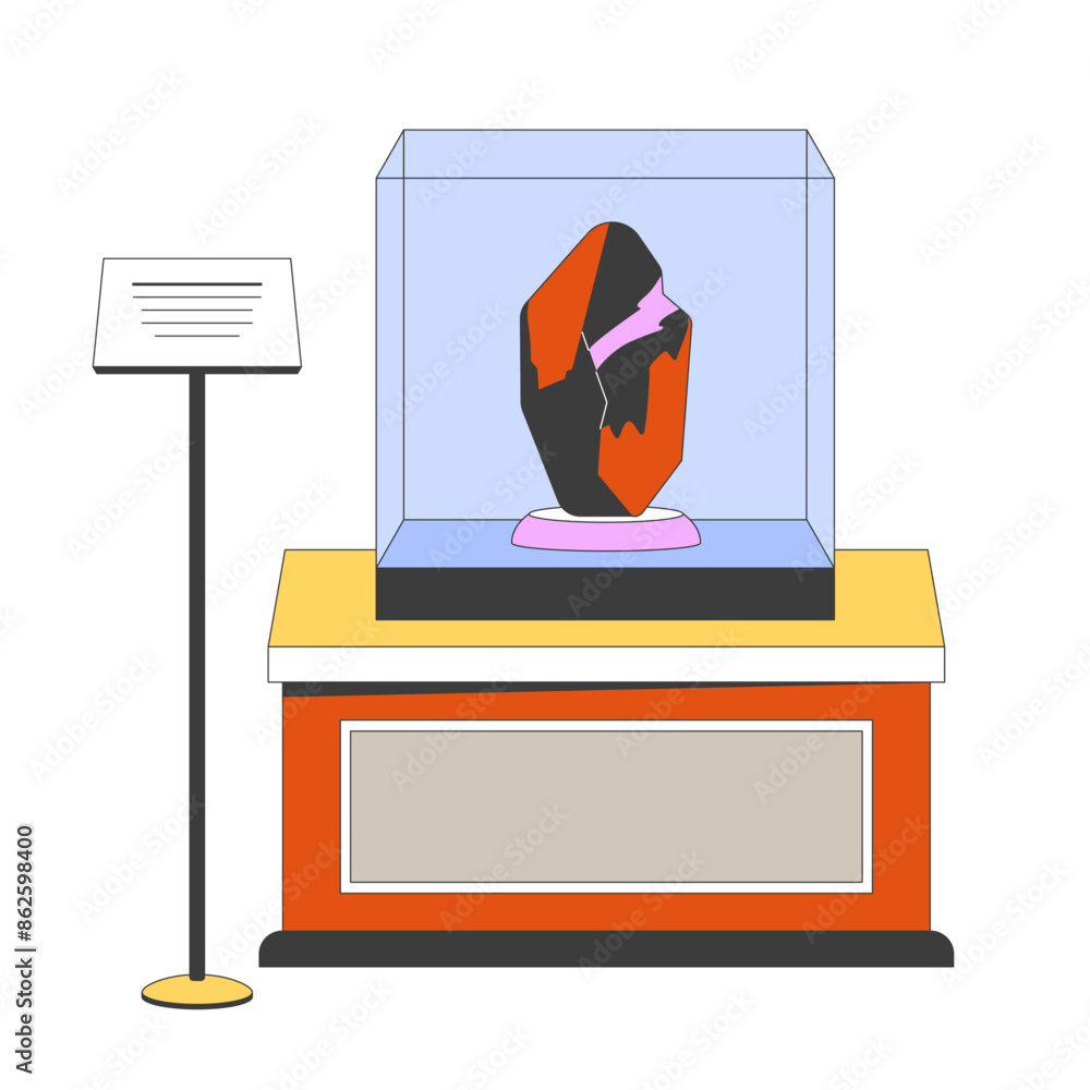Poster antique gem exhibit 2d linear cartoon object. mineral specimen display isolated line vector element 