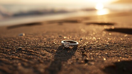 White engagement ring on the beach