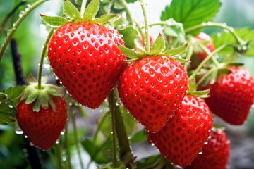 Strawberry background. Fresh organic strawberry with water drops, closeup. Summertime harvest concept for package, grocery product advertising.