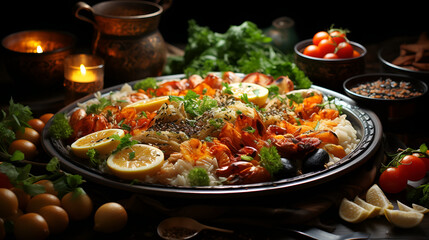 A visually captivating display of various succulent dishes, cheeses, fruits, desserts. AI generative.