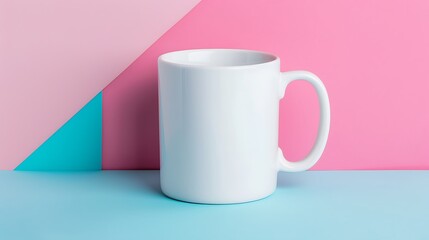 White mug on blue and pink background