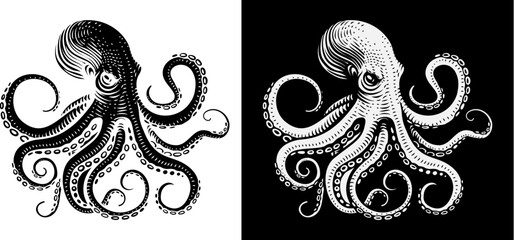 An octopus or cthulhu tattoo style woodcut kraken mascot squid concept © Christos Georghiou