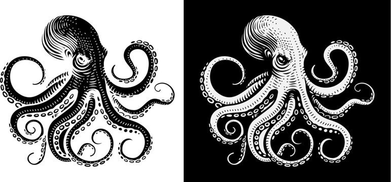 An octopus or cthulhu tattoo style woodcut kraken mascot squid concept