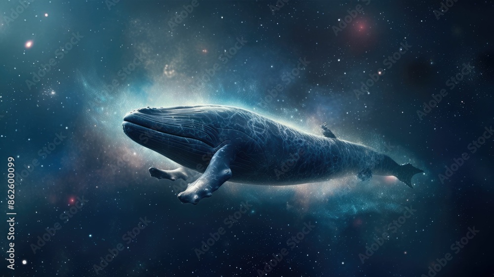 Poster surreal art design of a whale floating in space with a cosmic background and starry sky. digital art