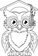 A wise owl bird cartoon cute character. Wearing a graduation, convocation or professor teacher mortar board cap or hat and glasses.