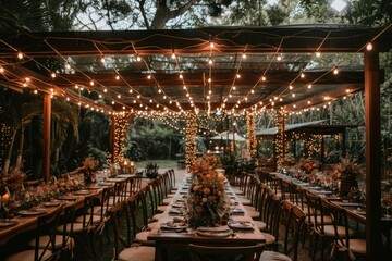 Rustic Outdoor Wedding Reception Under Twinkling Lights