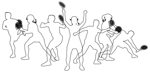 Silhouette Tennis players set. Active sports people healthy players fitness silhouettes concept.