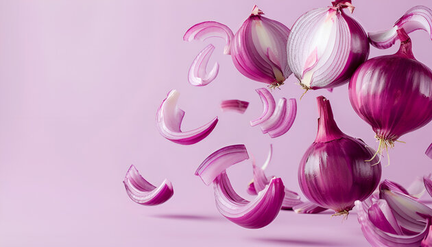 Whole and cut fresh red onions falling on light violet background