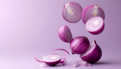 Whole and cut fresh red onions falling on light violet background