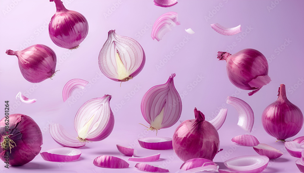 Wall mural whole and cut fresh red onions falling on light violet background