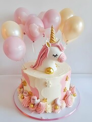 baby girl birthday cake with unicorn and balloons