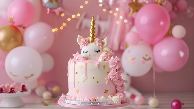 baby girl birthday cake with unicorn and balloons