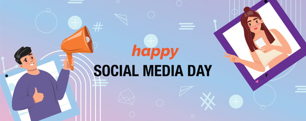 Horizontal gradient banner featuring social media interactions with young man holding a megaphone and giving a thumbs up and young woman in another social media window. Happy Social Media Day