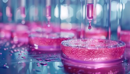 Stem cells are at the forefront of regenerative medicine. A high-quality image or video showing scientists culturing stem cells, with close-ups of petri dishes, microscopes, and cell growth