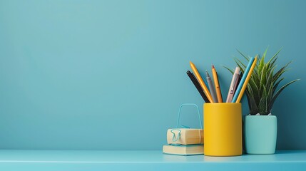 Obraz premium Writing supplies in pen holder on blue desk on blue wall background