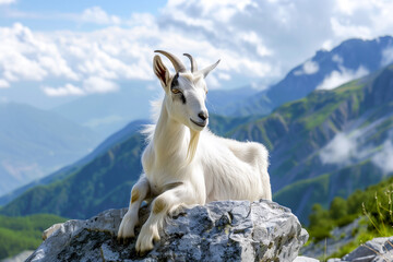 White goat sitting on a rock in the mountains