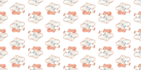 Menstrual period. Seamless pattern, endless background. Friends of eco hygiene menstruation. Homemade, sewn, reusable fabric pads for every day. Women's daily sanitary pads. Watercolor hand drawn illu