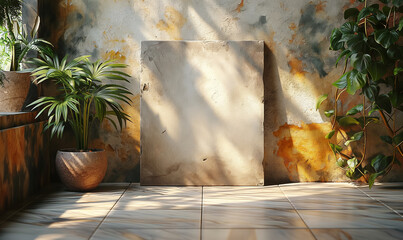 Empty Room With Stone Wall and Potted Plant