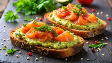 Smoked salmon toast topped with creamy guacamole, perfect for a delicious and healthy breakfast, smoked salmon, toast