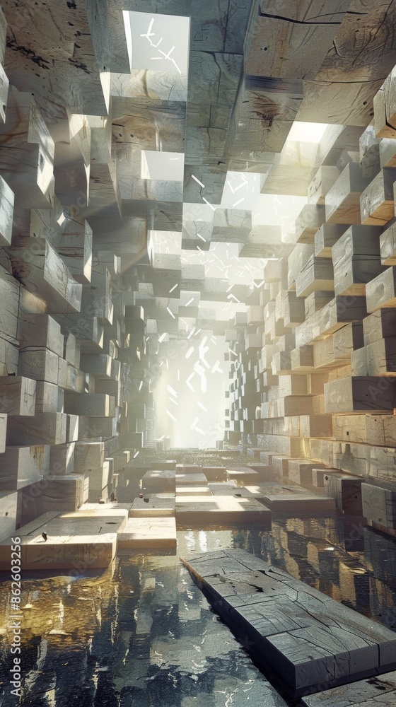 Poster light filters through the spaces between the cubes adding to the surreal ambiance.