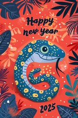 Vibrant New Year 2025 greeting card with snake illustration.