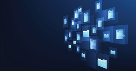 Document management and digital document paperless operation concept. Document management and Data transfer through cloud technology with modern internet technology on the dark blue background.