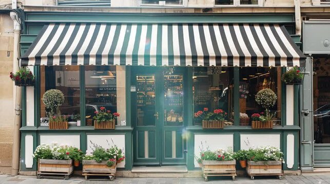 Video of classic French cafe with a striped awning and vintage building. Architecture concept idea.
