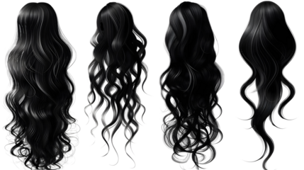 set of black curly hair extensions isolated png transparent background