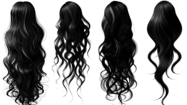 set of black curly hair extensions isolated png transparent background