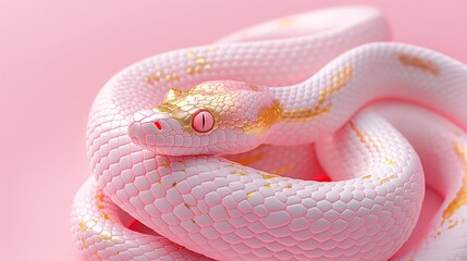 Fototapeta premium Pink snake with golden scales on pastel pink background, detailed scales and vibrant eyes.
