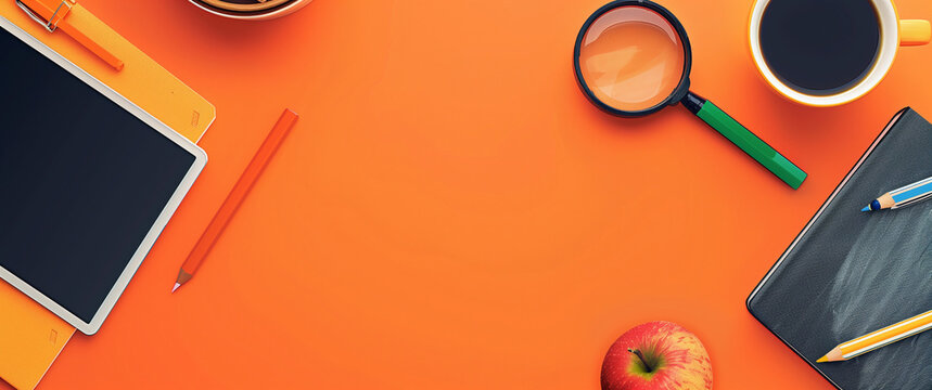 An orange chalkboard background with various office supplies like notebooks, pens, a magnifying glass, and a coffee cup, creating a warm and creative workspace vibe